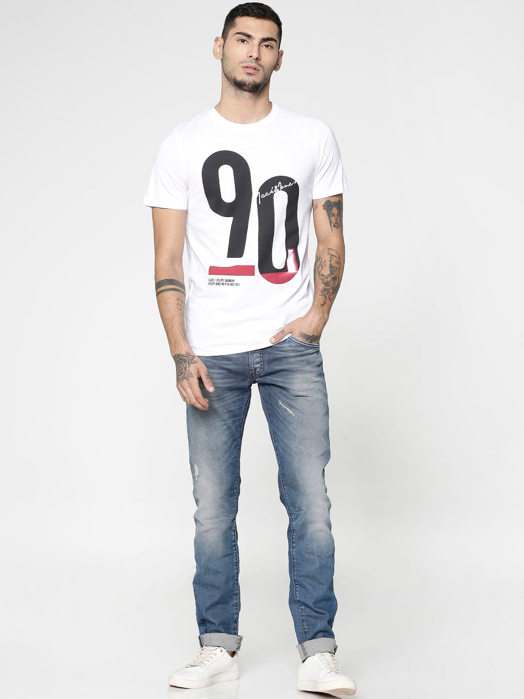 White Typographic Print Slim Fit Crew Neck T-Shirt