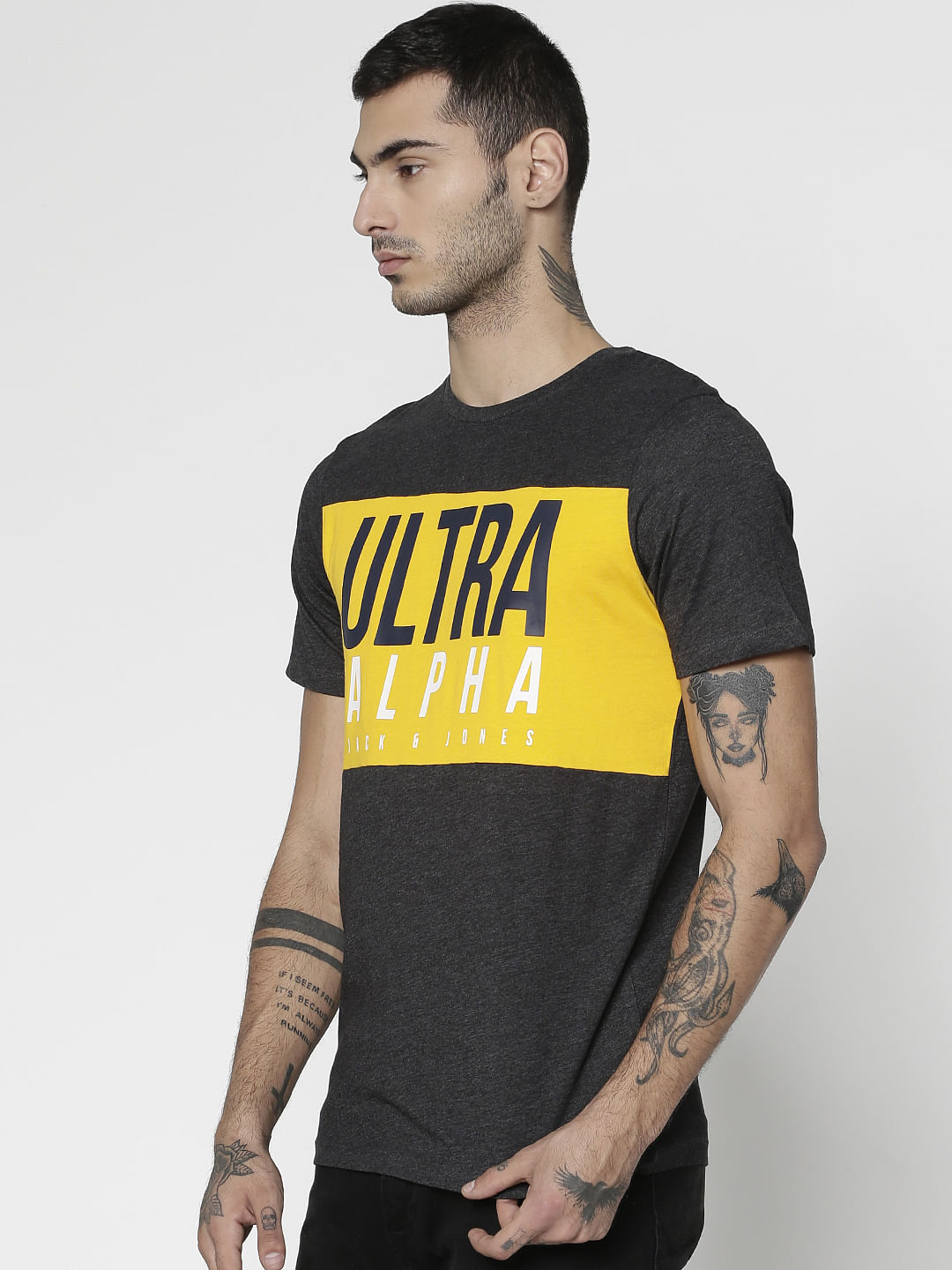 Black Text Print Slim Fit Crew Neck T-Shirt
