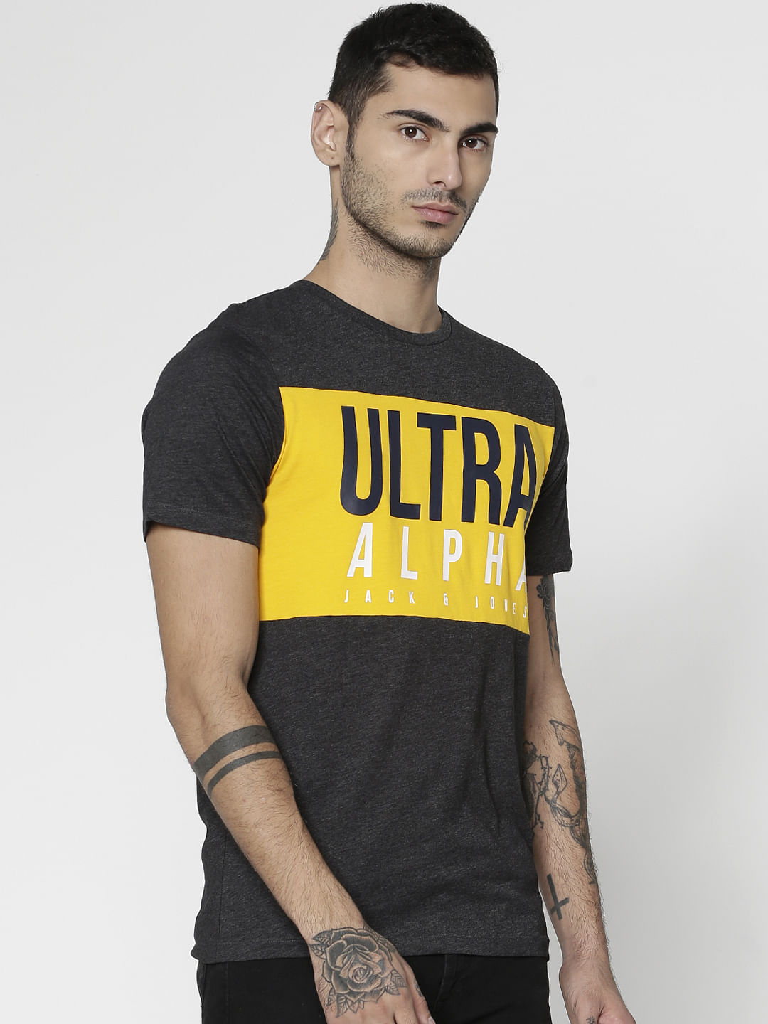 Black Text Print Slim Fit Crew Neck T-Shirt