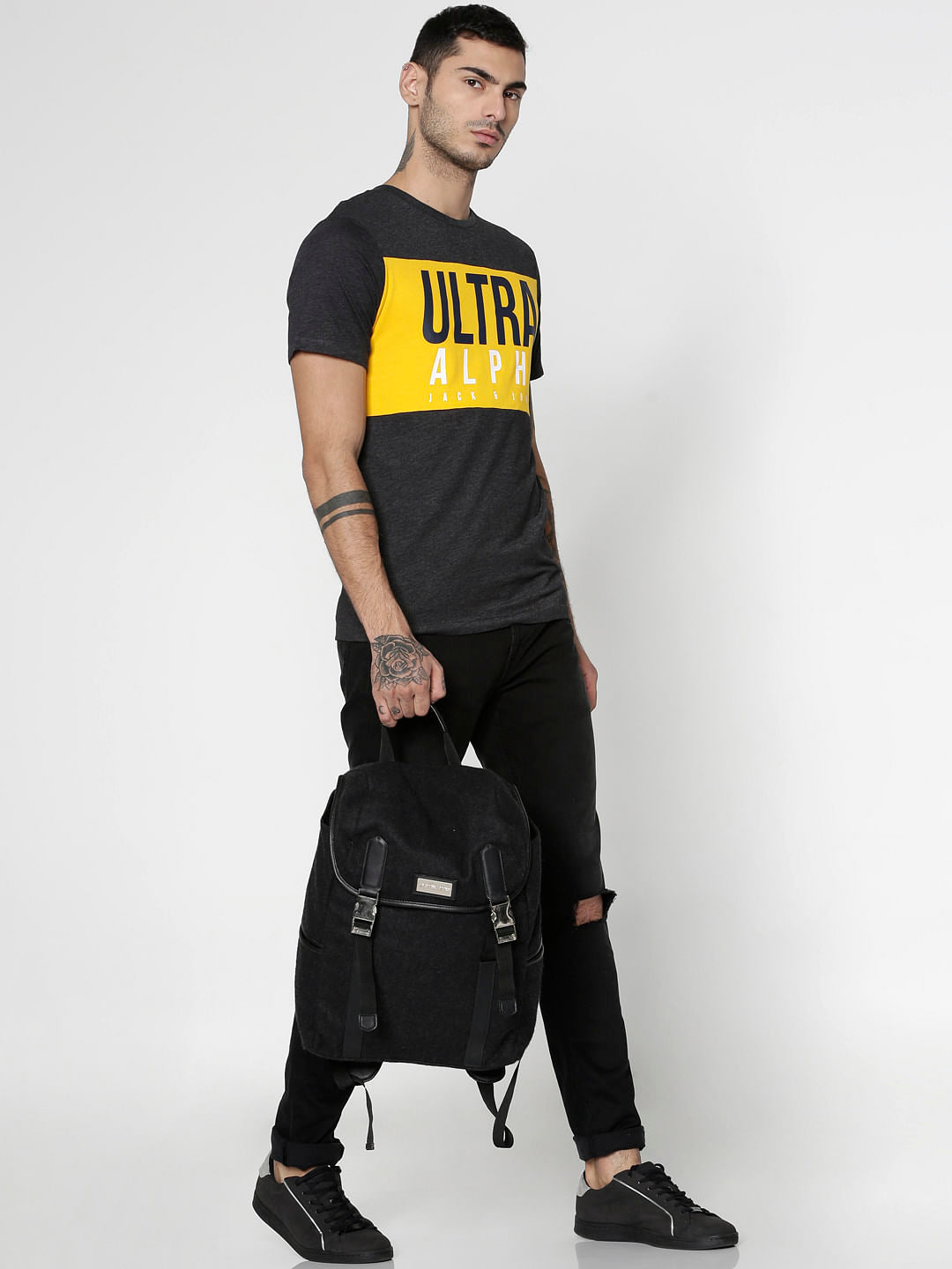 Black Text Print Slim Fit Crew Neck T-Shirt
