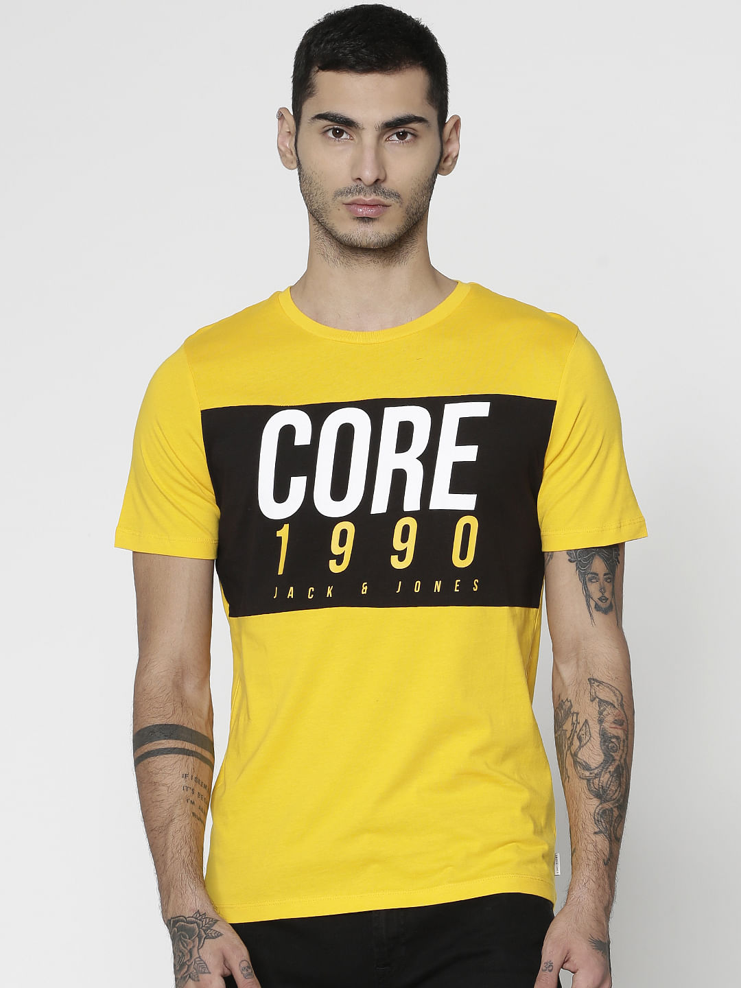 Yellow Text Print Slim Fit Crew Neck T-Shirt - S