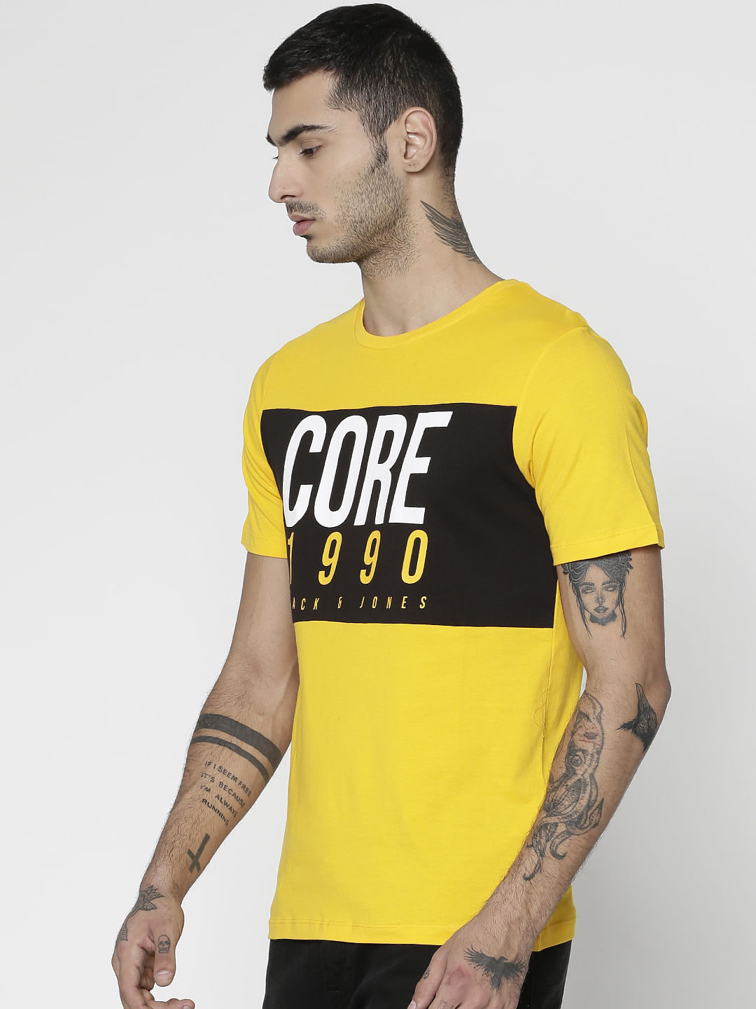 Yellow Text Print Slim Fit Crew Neck T-Shirt