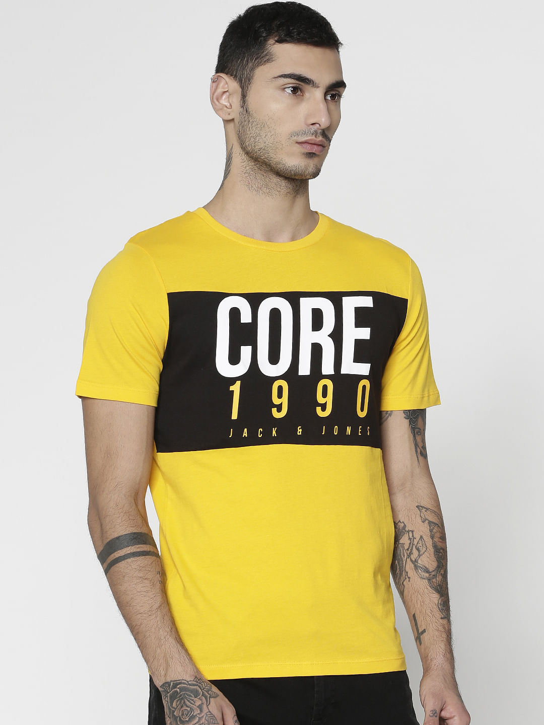 Yellow Text Print Slim Fit Crew Neck T-Shirt