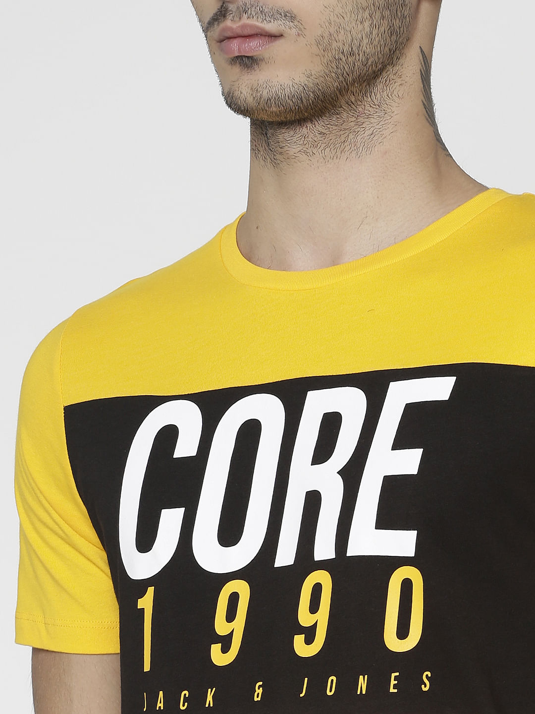 Yellow Text Print Slim Fit Crew Neck T-Shirt