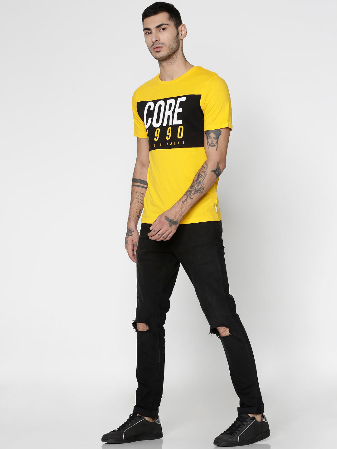 Yellow Text Print Slim Fit Crew Neck T-Shirt