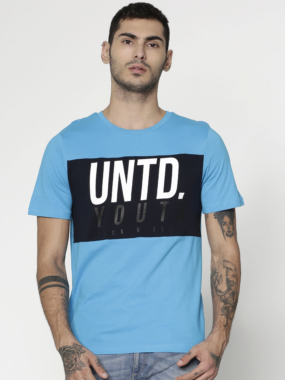 Blue Text Print Slim Fit Crew Neck T-Shirt - S