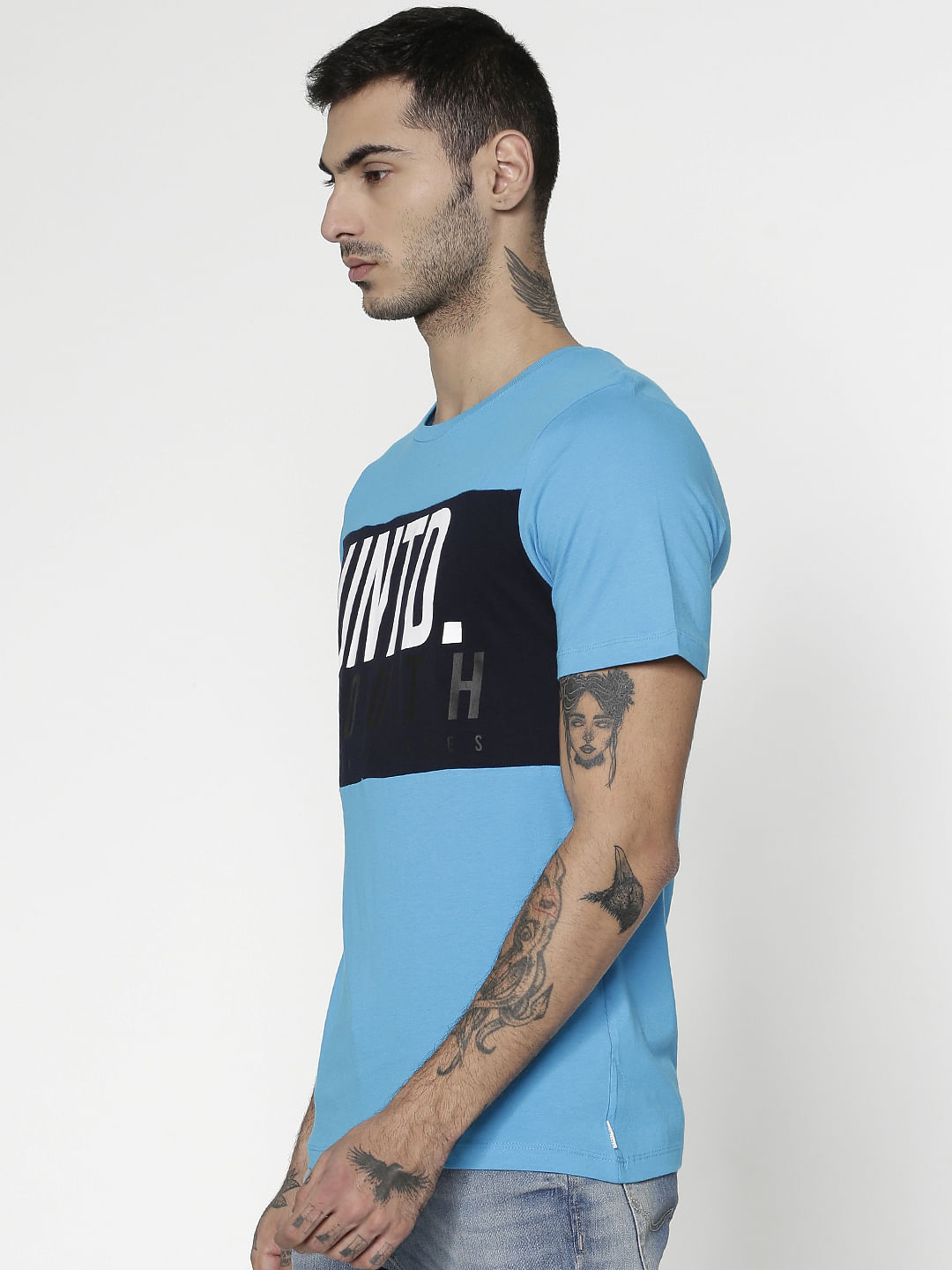 Blue Text Print Slim Fit Crew Neck T-Shirt