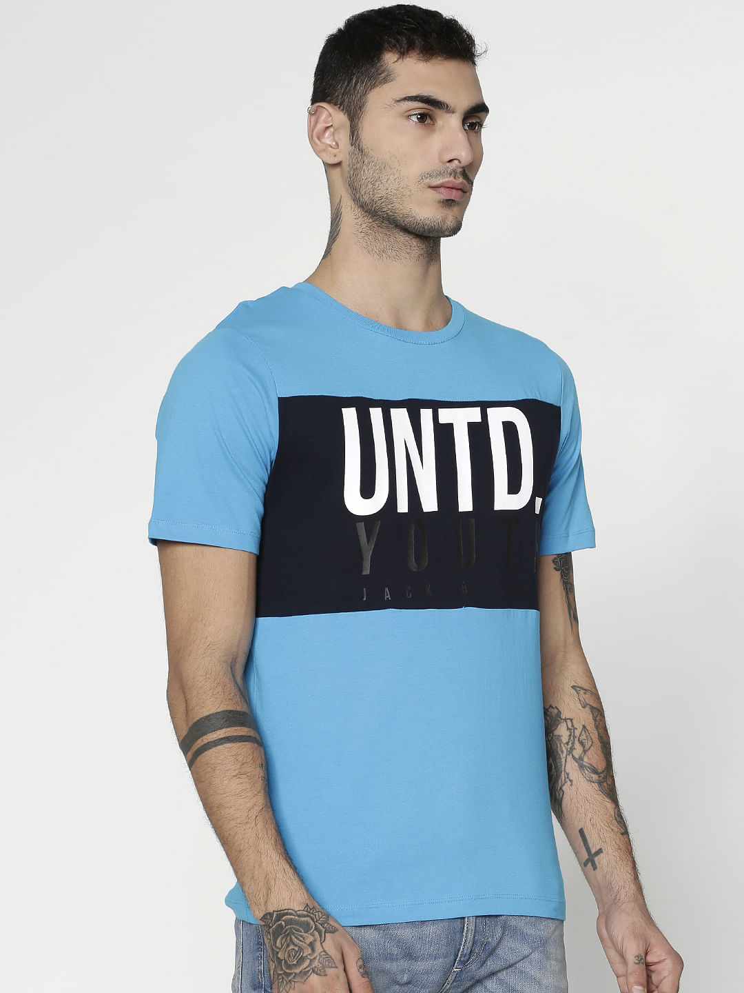 Blue Text Print Slim Fit Crew Neck T-Shirt