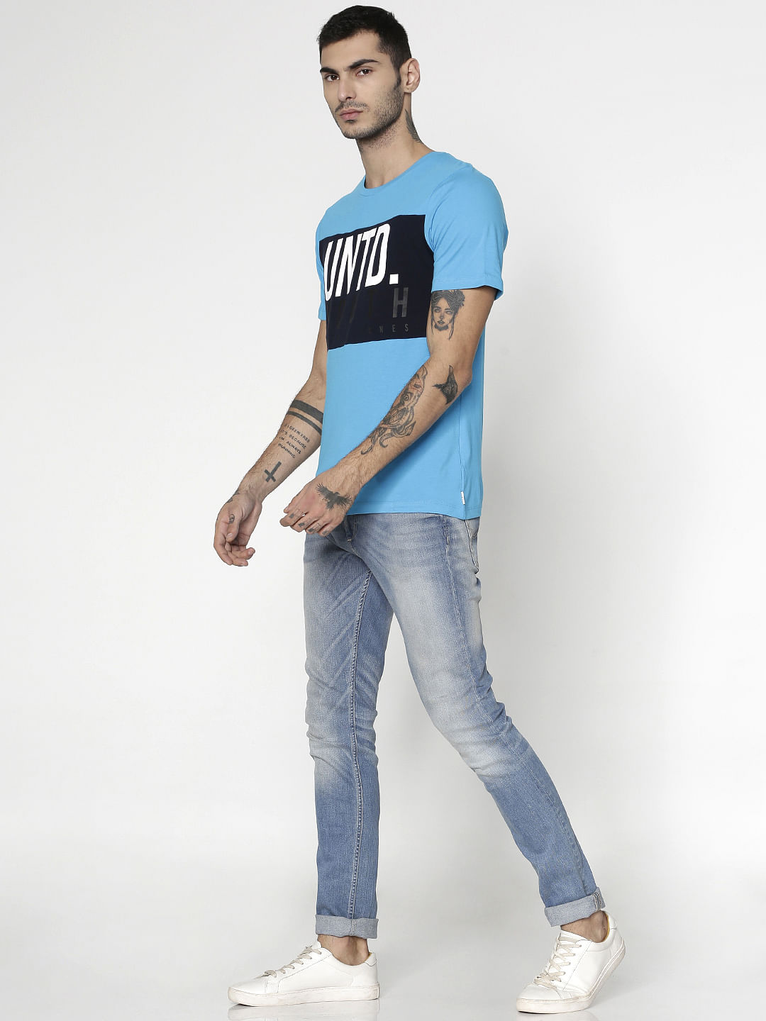 Blue Text Print Slim Fit Crew Neck T-Shirt