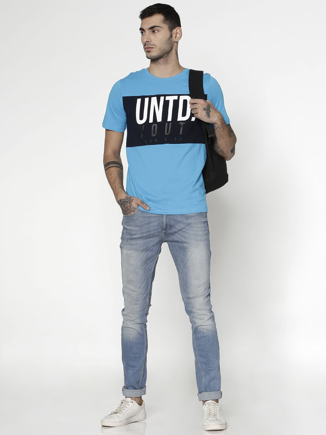 Blue Text Print Slim Fit Crew Neck T-Shirt