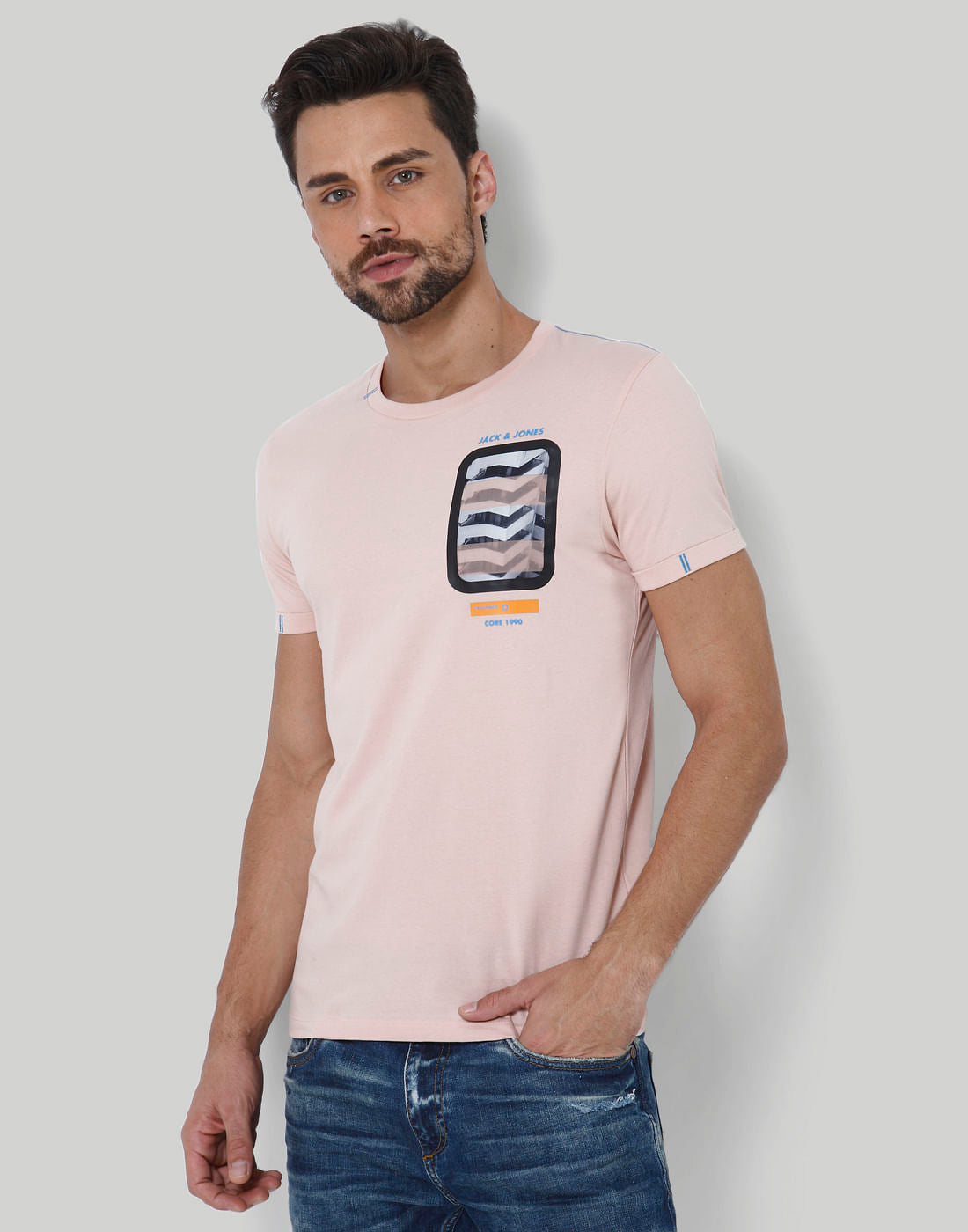 Peach Graphic Print Crew Neck T-Shirt - S