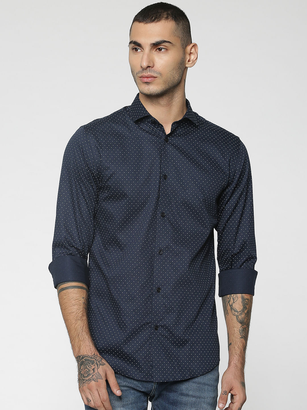 Blue All Over Dotted Print Slim Fit Full Sleeves Shirt