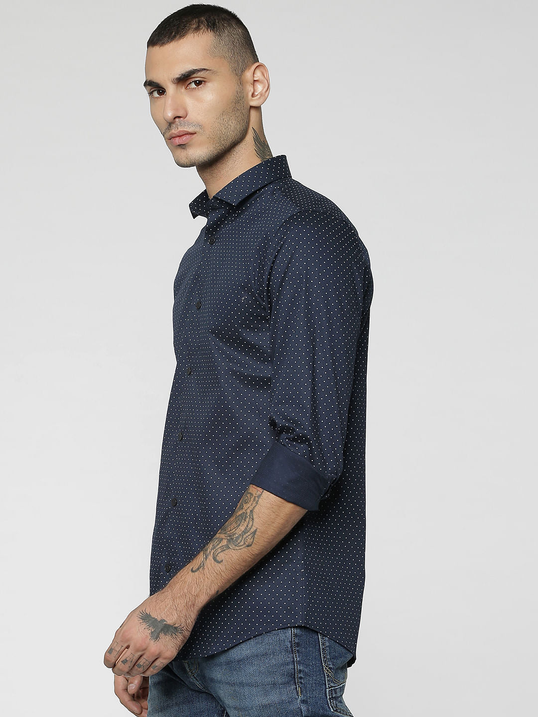 Blue All Over Dotted Print Slim Fit Full Sleeves Shirt