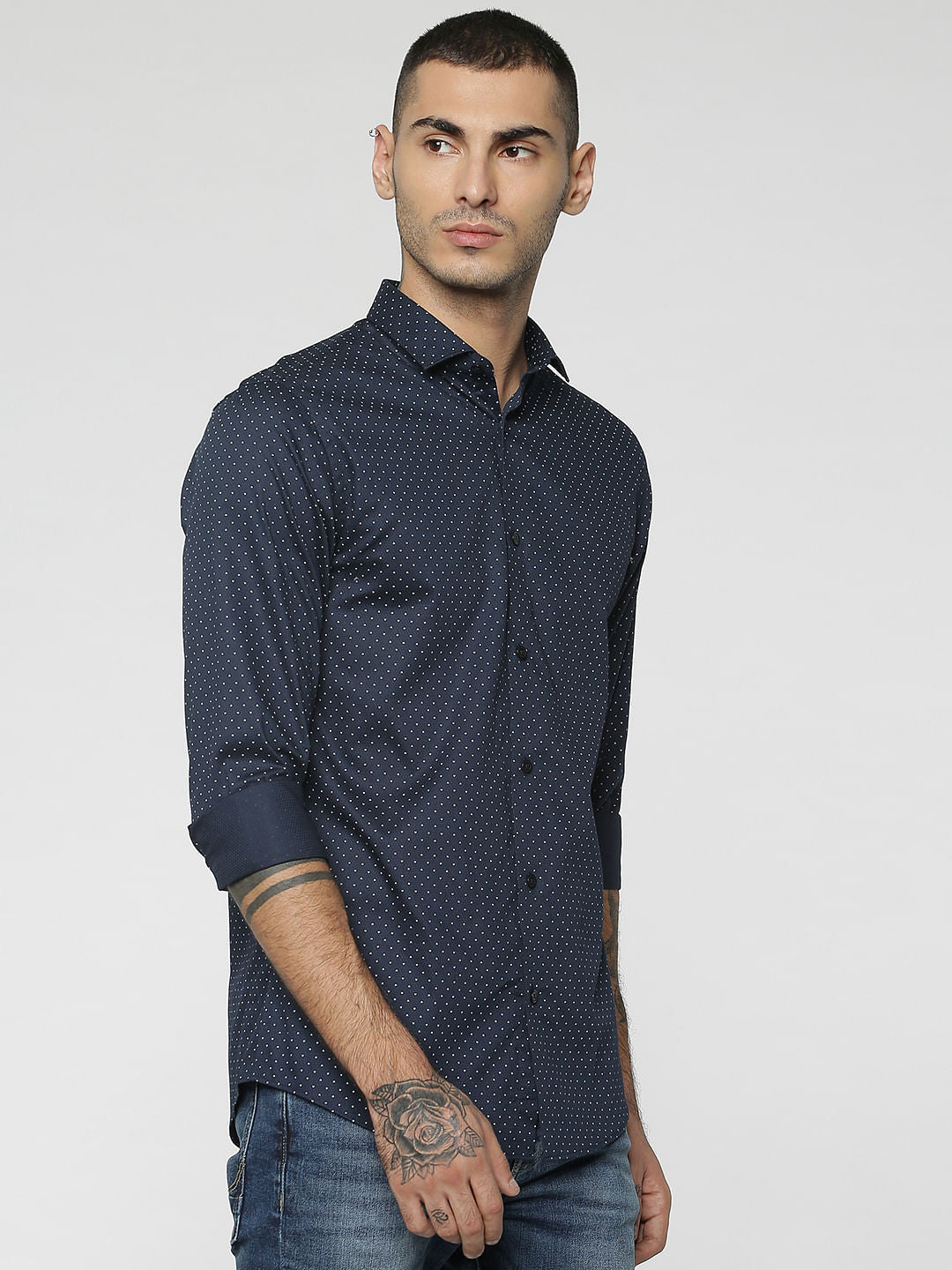 Blue All Over Dotted Print Slim Fit Full Sleeves Shirt