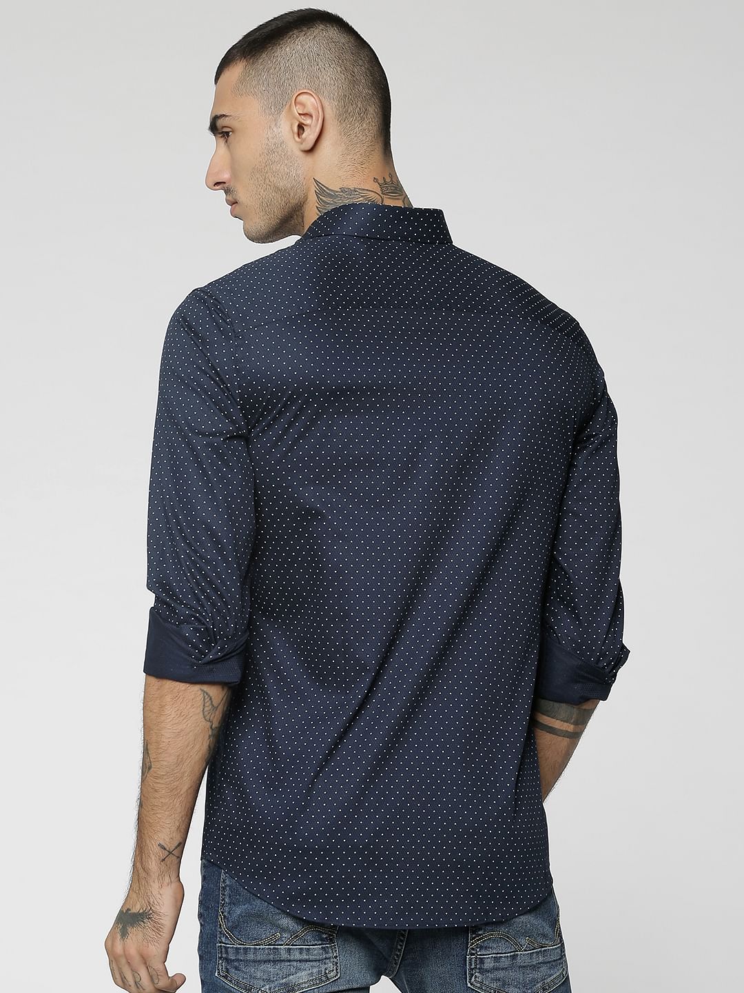 Blue All Over Dotted Print Slim Fit Full Sleeves Shirt