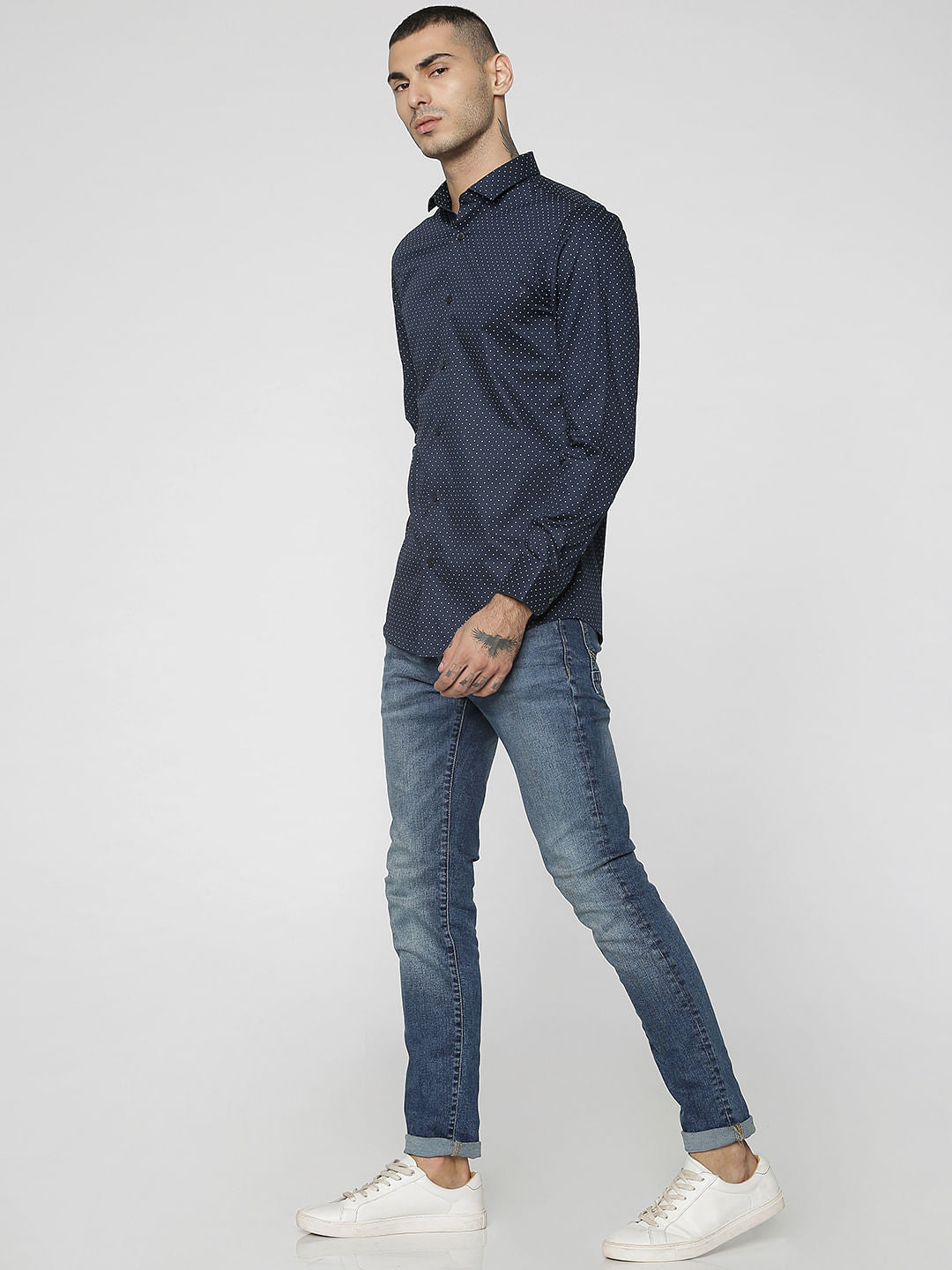 Blue All Over Dotted Print Slim Fit Full Sleeves Shirt