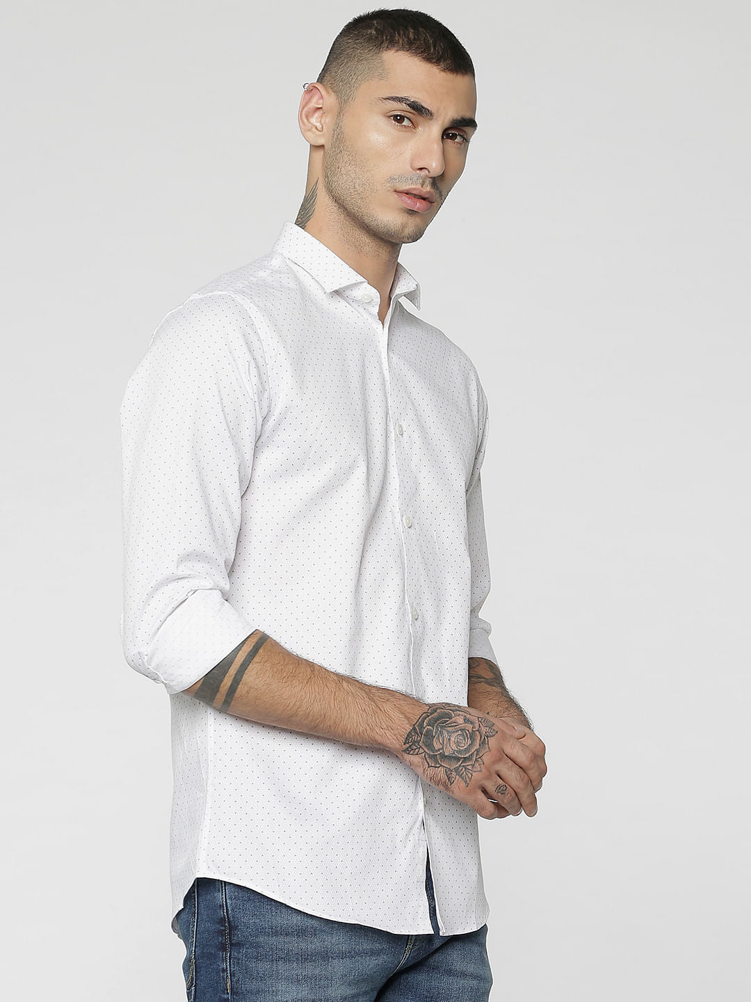 White All Over Dotted Print Slim Fit Full Sleeves Shirt