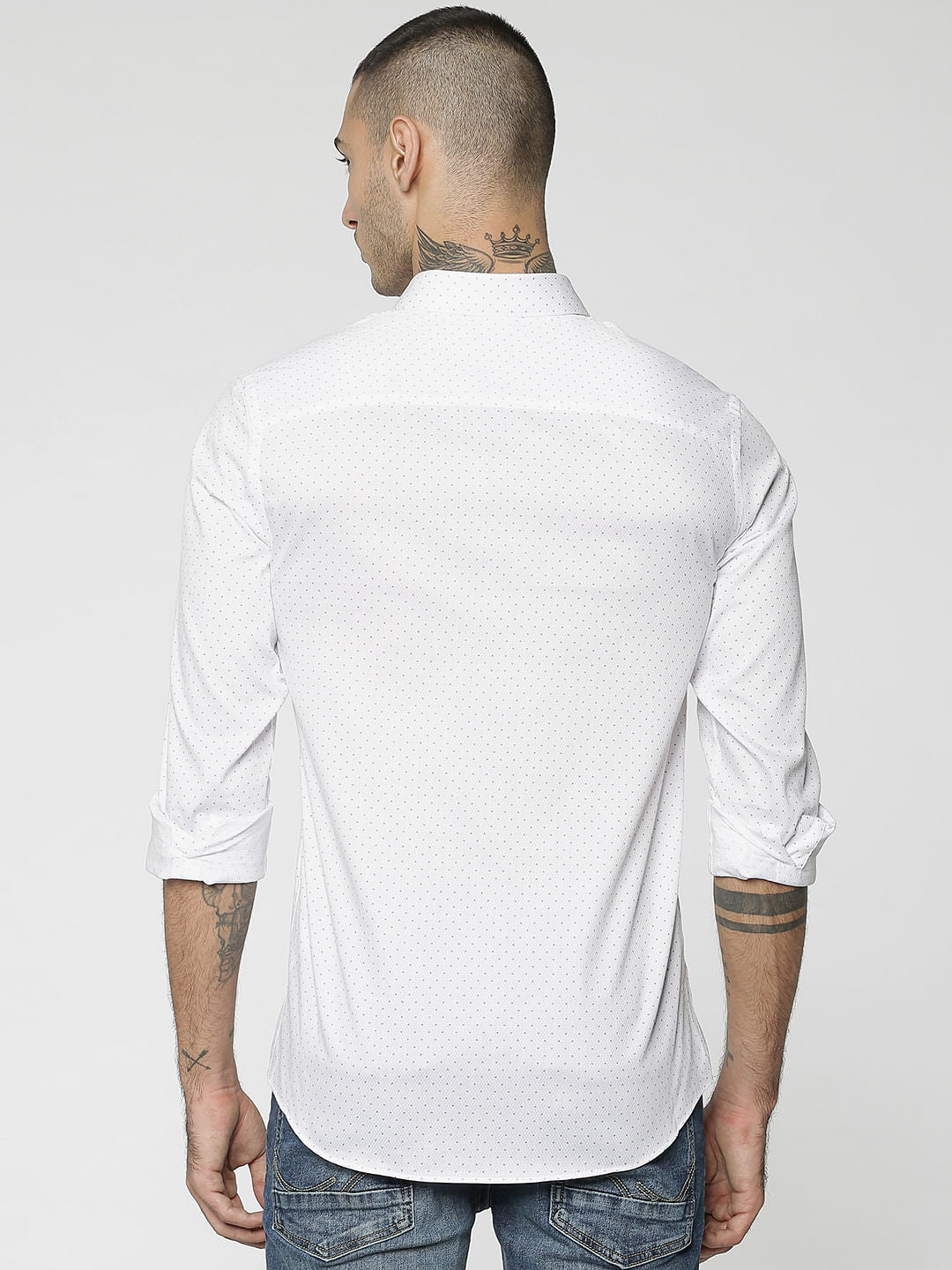 White All Over Dotted Print Slim Fit Full Sleeves Shirt
