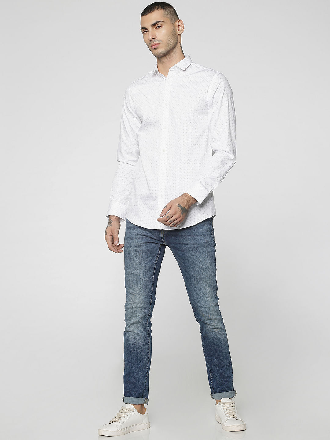 White All Over Dotted Print Slim Fit Full Sleeves Shirt