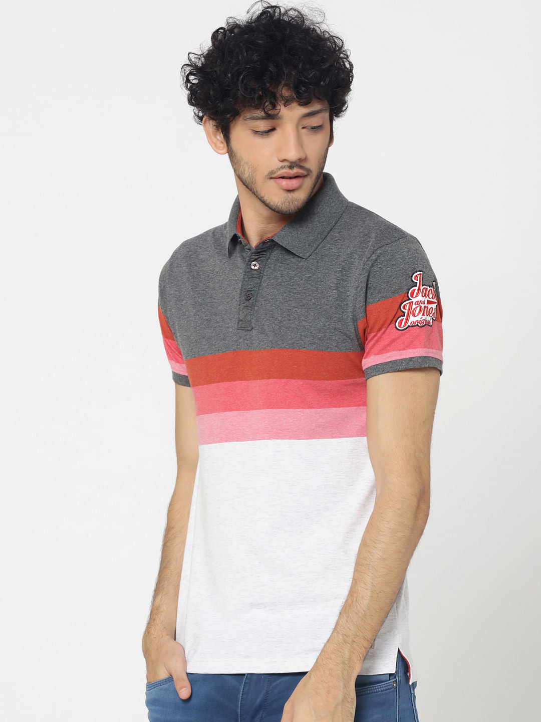 Grey Colourblocked Polo T-Shirt - S