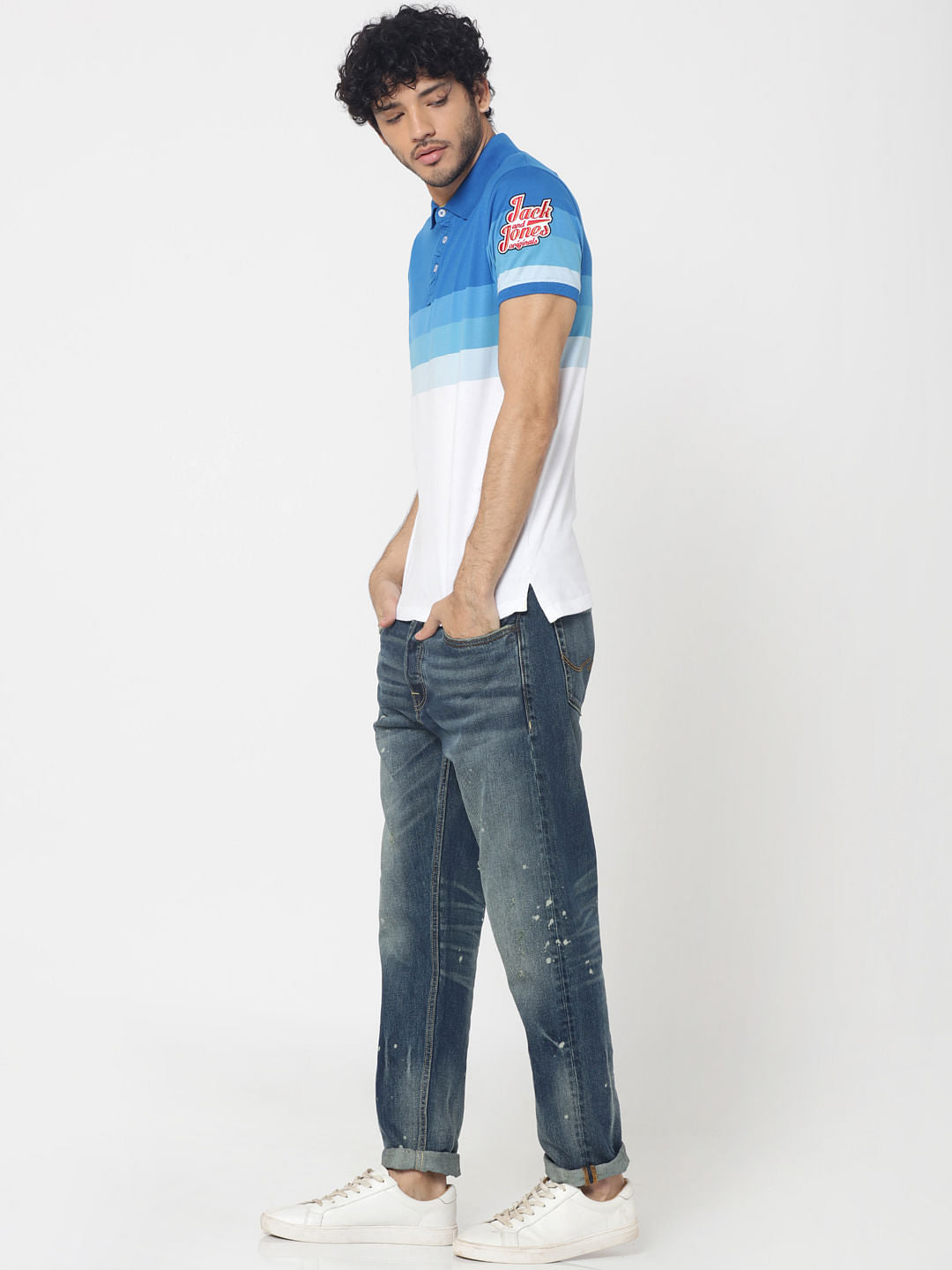 Blue Colourblocked Embroidered Detail Polo T-Shirt