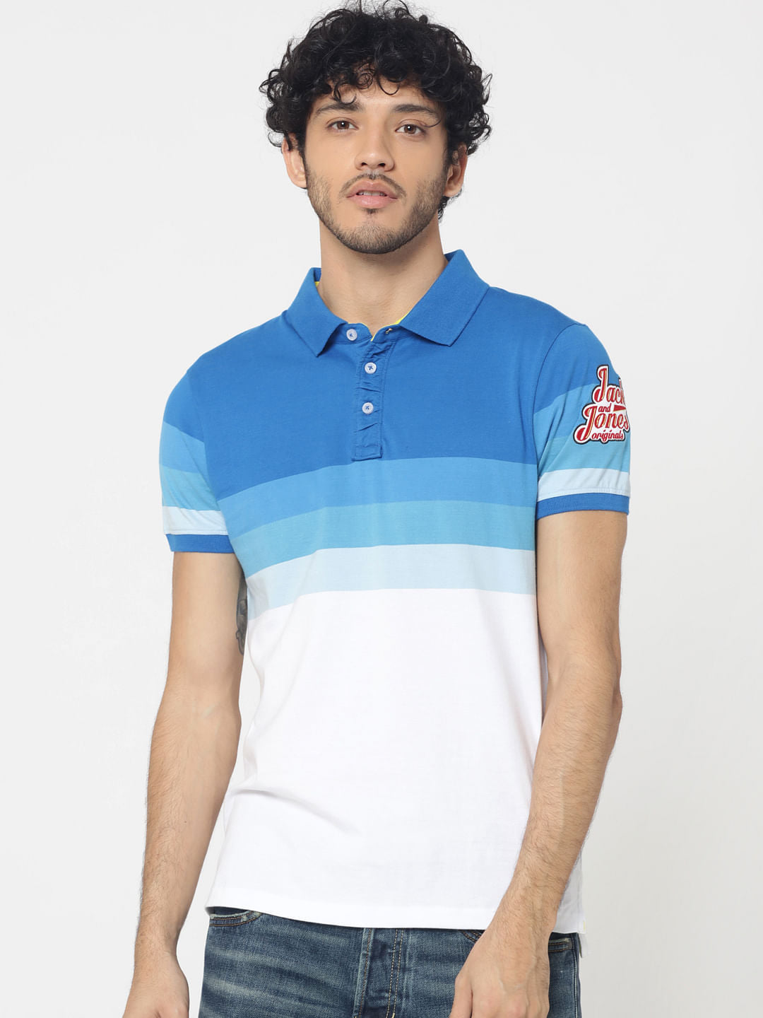 Blue Colourblocked Embroidered Detail Polo T-Shirt - S