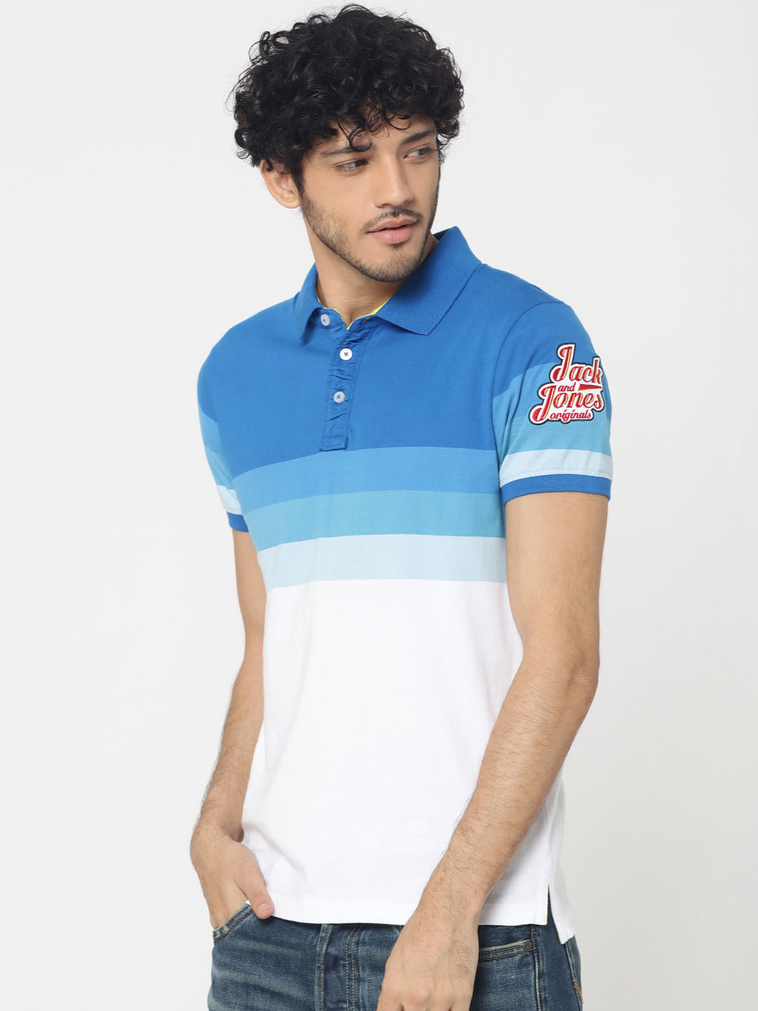 Blue Colourblocked Embroidered Detail Polo T-Shirt
