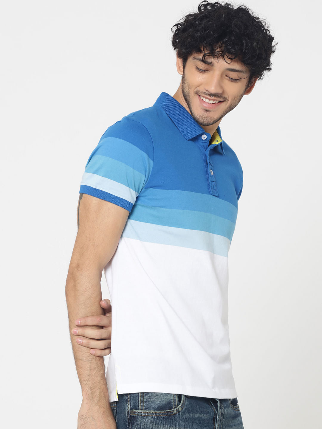 Blue Colourblocked Embroidered Detail Polo T-Shirt