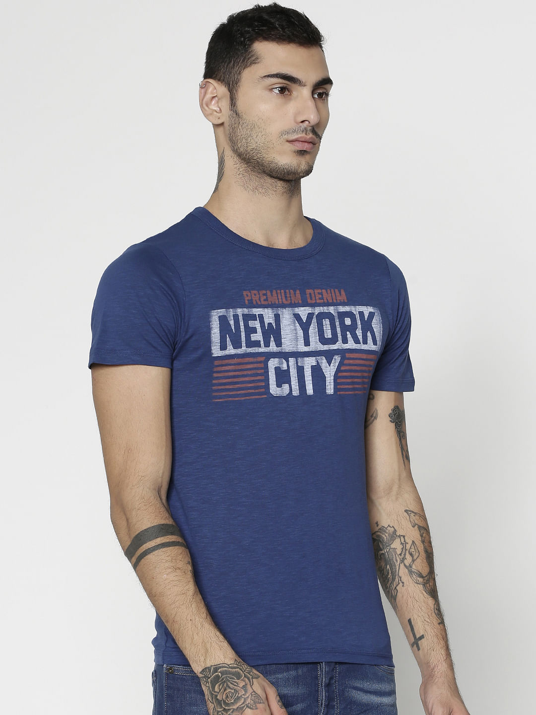 Blue Text Print Slim Fit Crew Neck T-Shirt