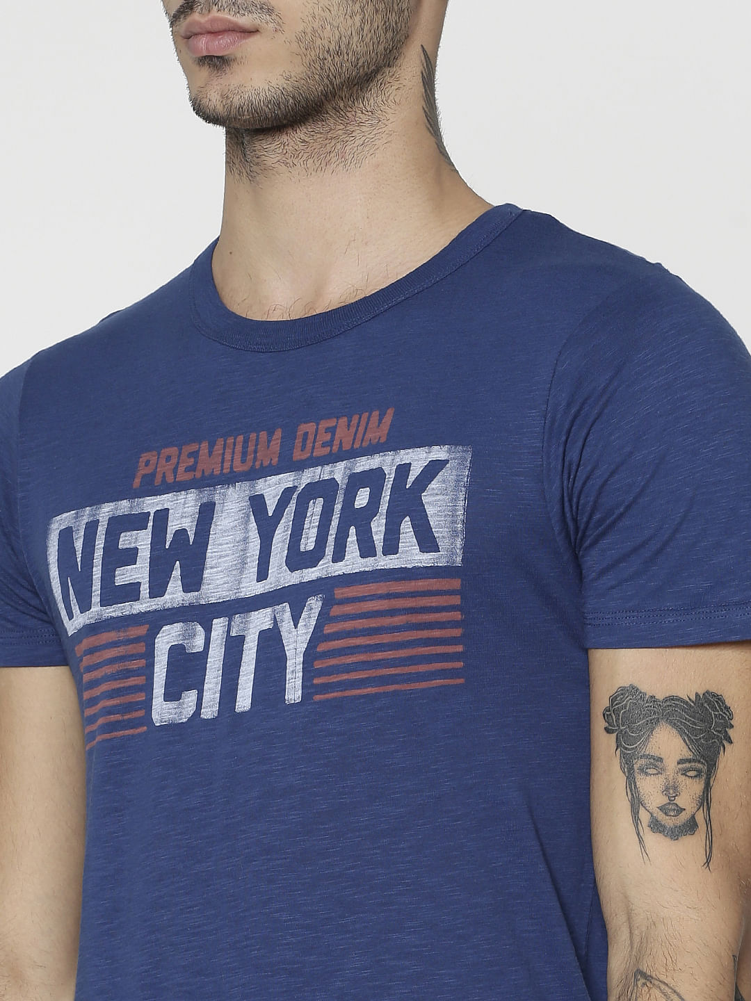 Blue Text Print Slim Fit Crew Neck T-Shirt