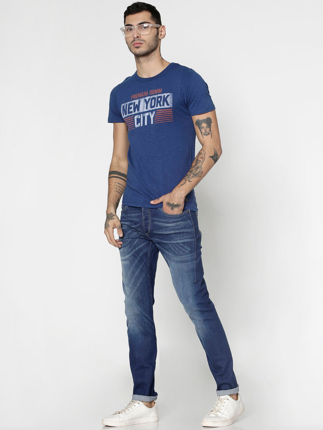 Blue Text Print Slim Fit Crew Neck T-Shirt