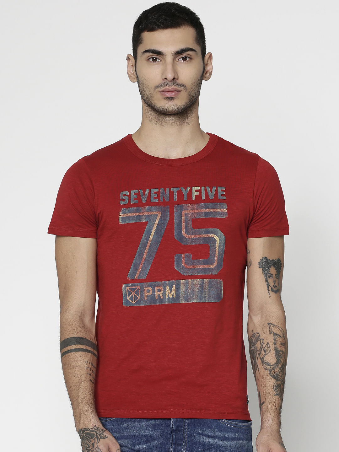 Red Text Print Slim Fit Crew Neck T-Shirt