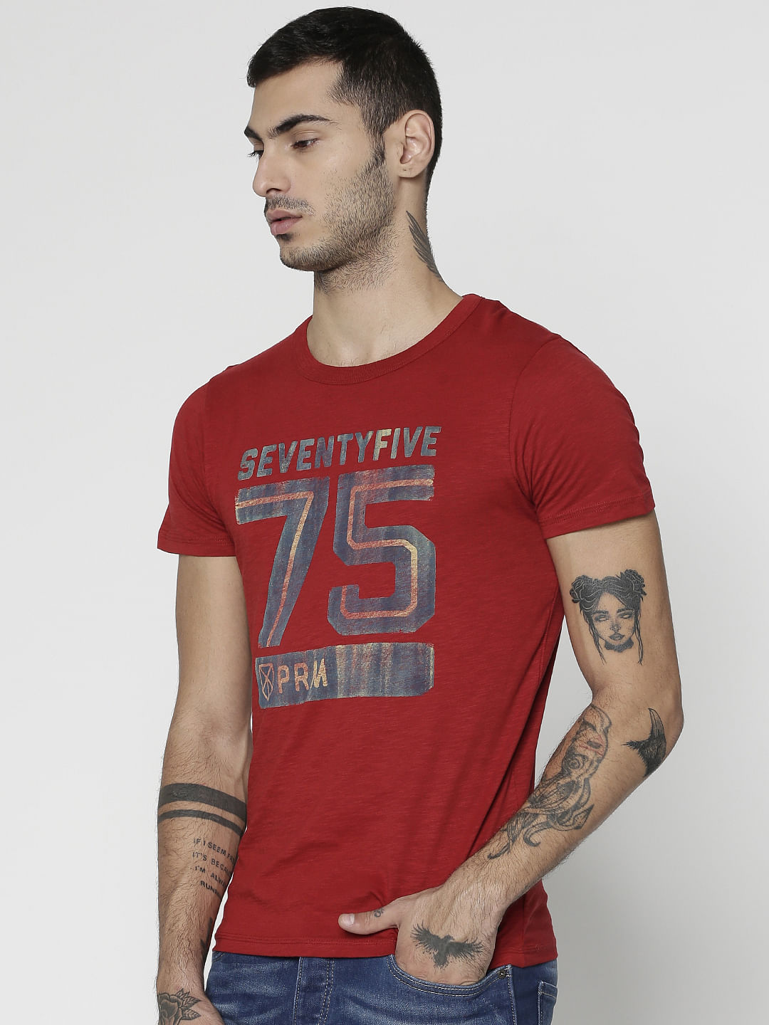 Red Text Print Slim Fit Crew Neck T-Shirt