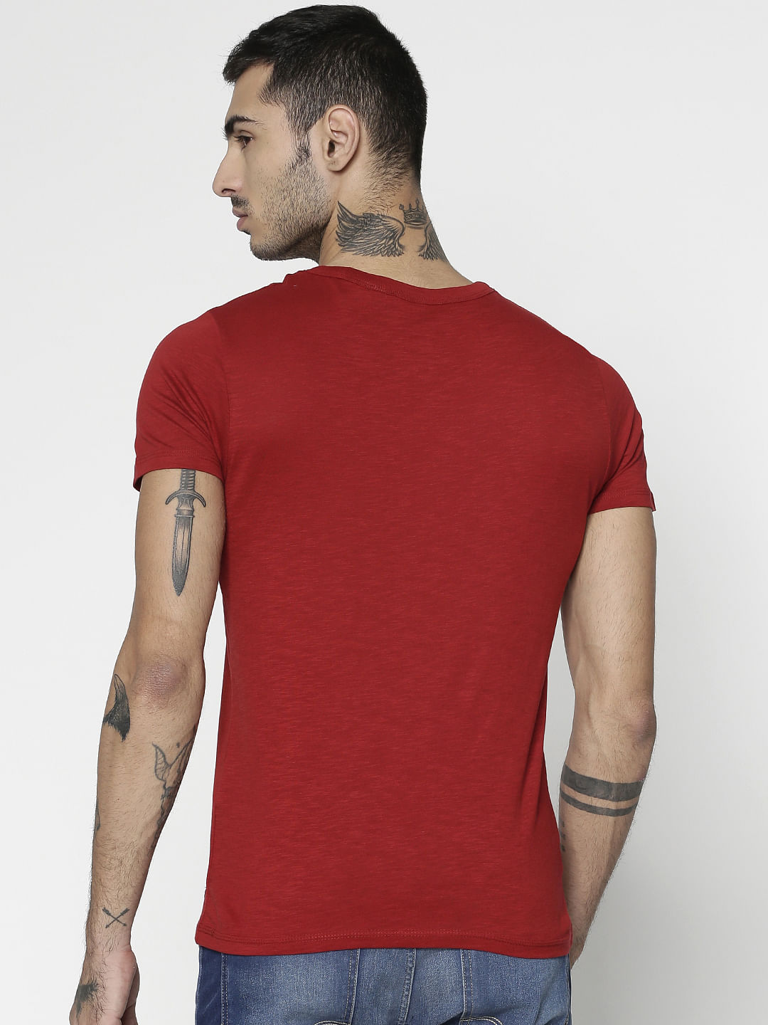 Red Text Print Slim Fit Crew Neck T-Shirt