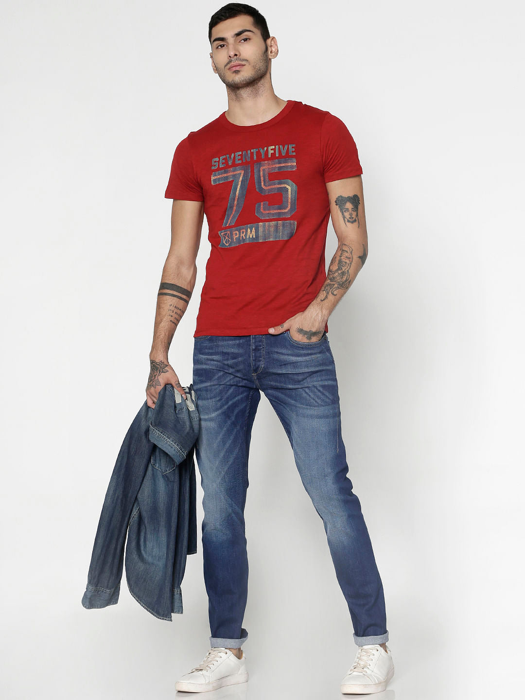 Red Text Print Slim Fit Crew Neck T-Shirt