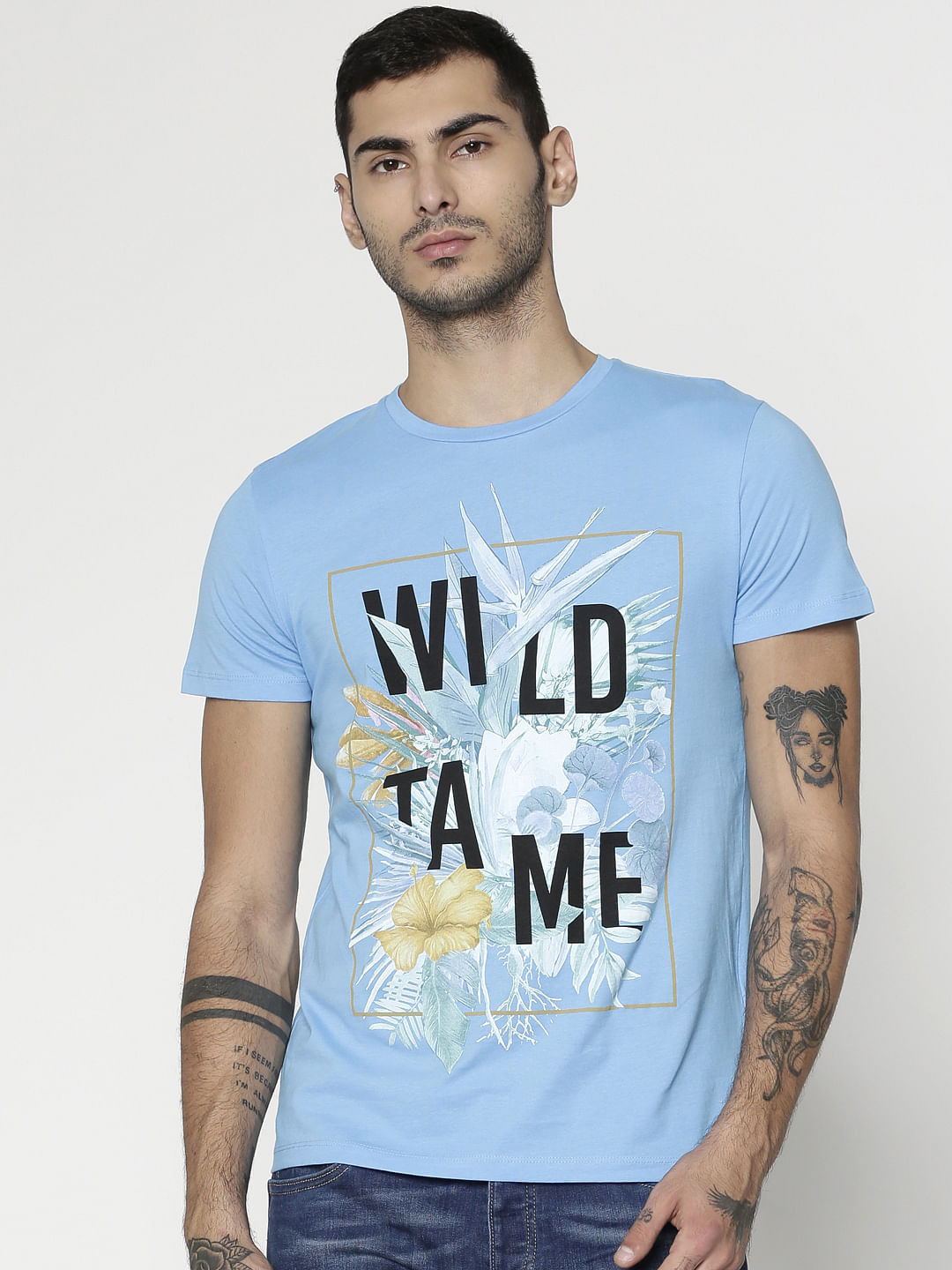 Blue Graphic Print Slim Fit Crew Neck T-Shirt