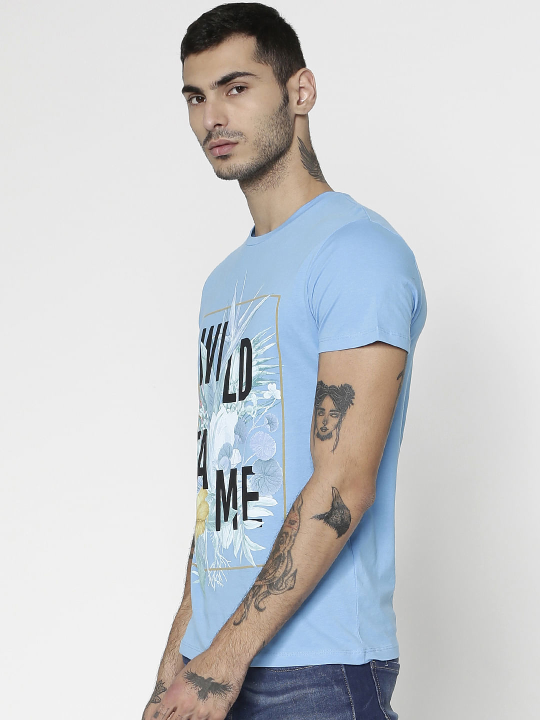 Blue Graphic Print Slim Fit Crew Neck T-Shirt