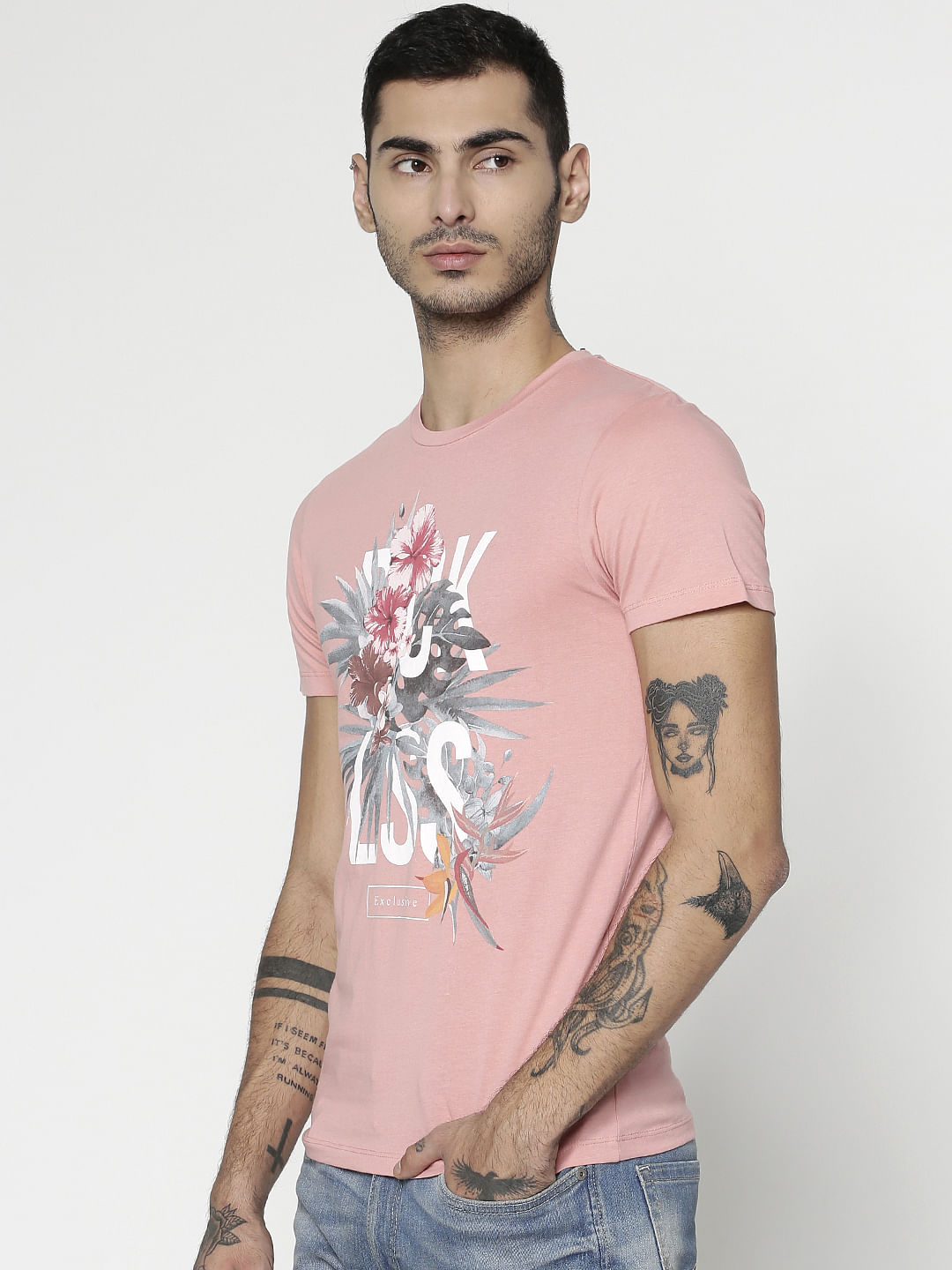 Pink Graphic Print Slim Fit Crew Neck T-Shirt