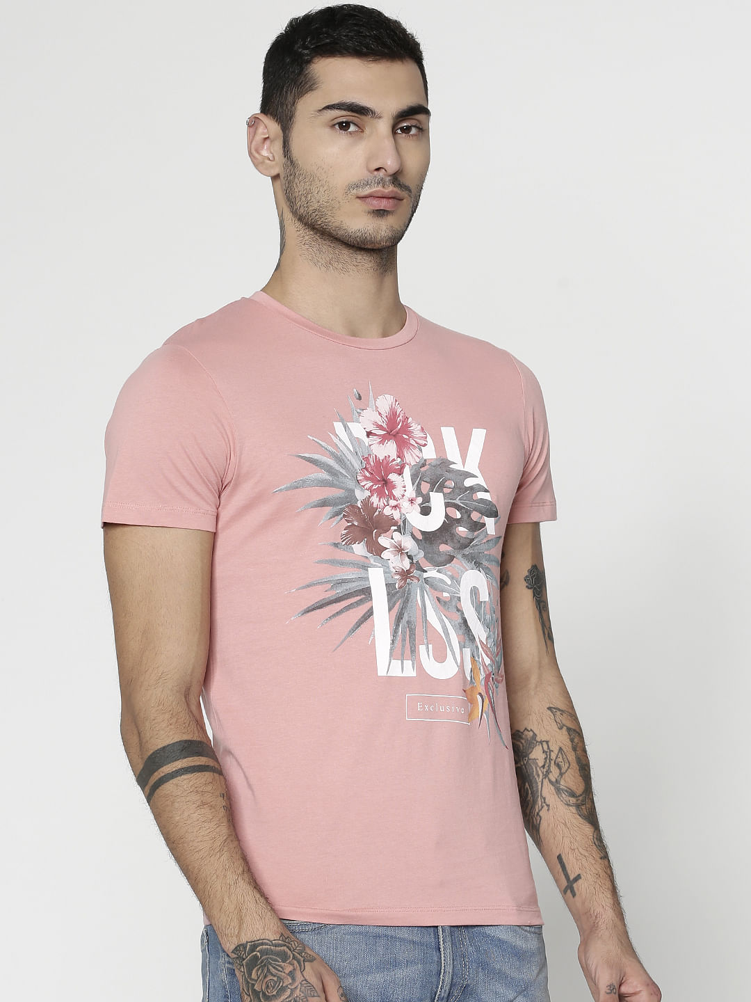 Pink Graphic Print Slim Fit Crew Neck T-Shirt