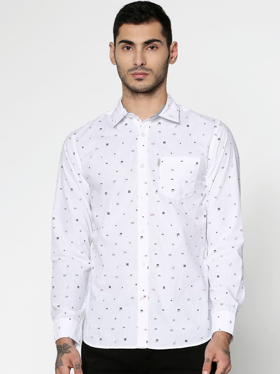 White All Over Printed Slim Fit Full Sleeves Shirt - S