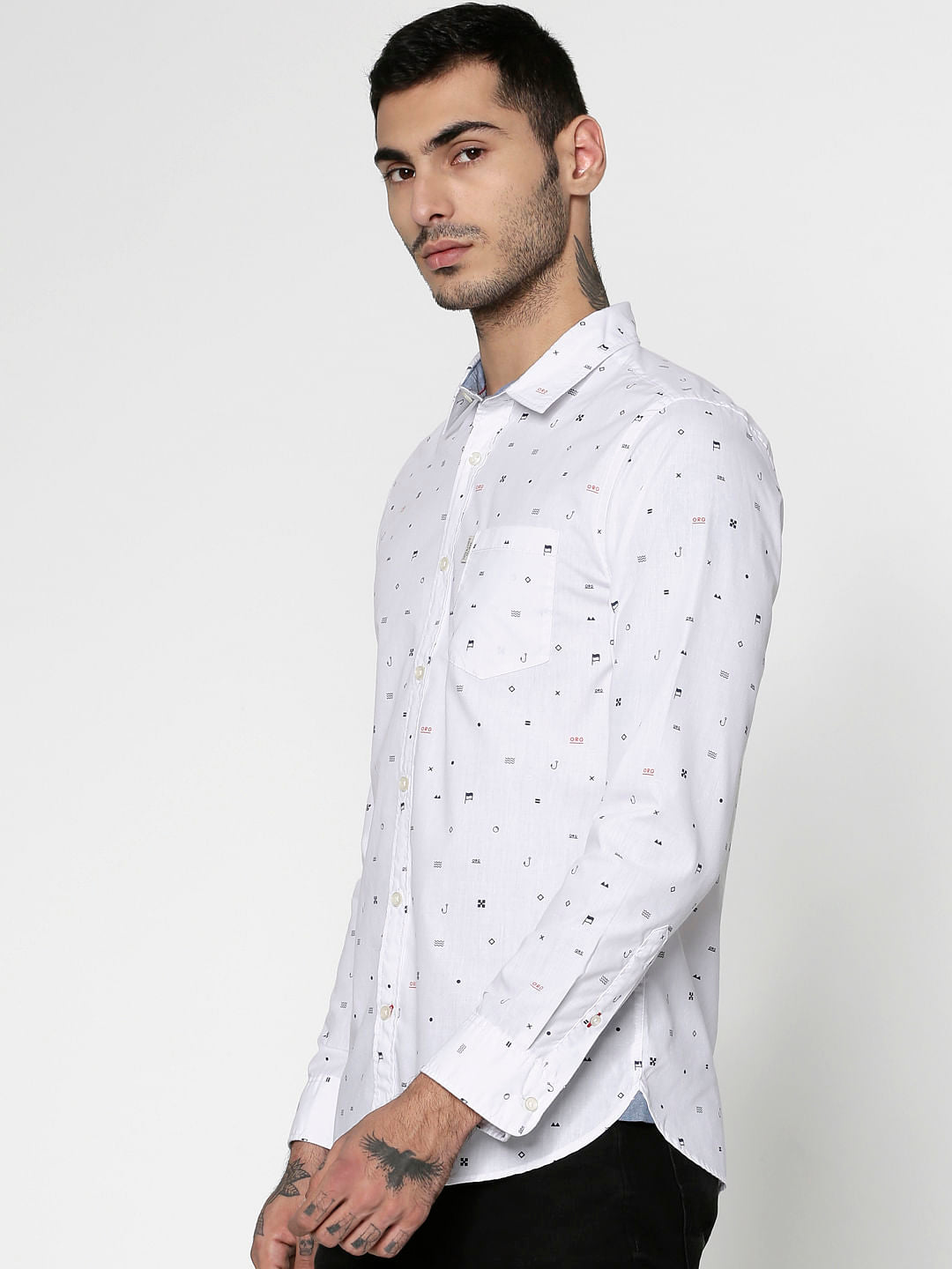 White All Over Printed Slim Fit Full Sleeves Shirt