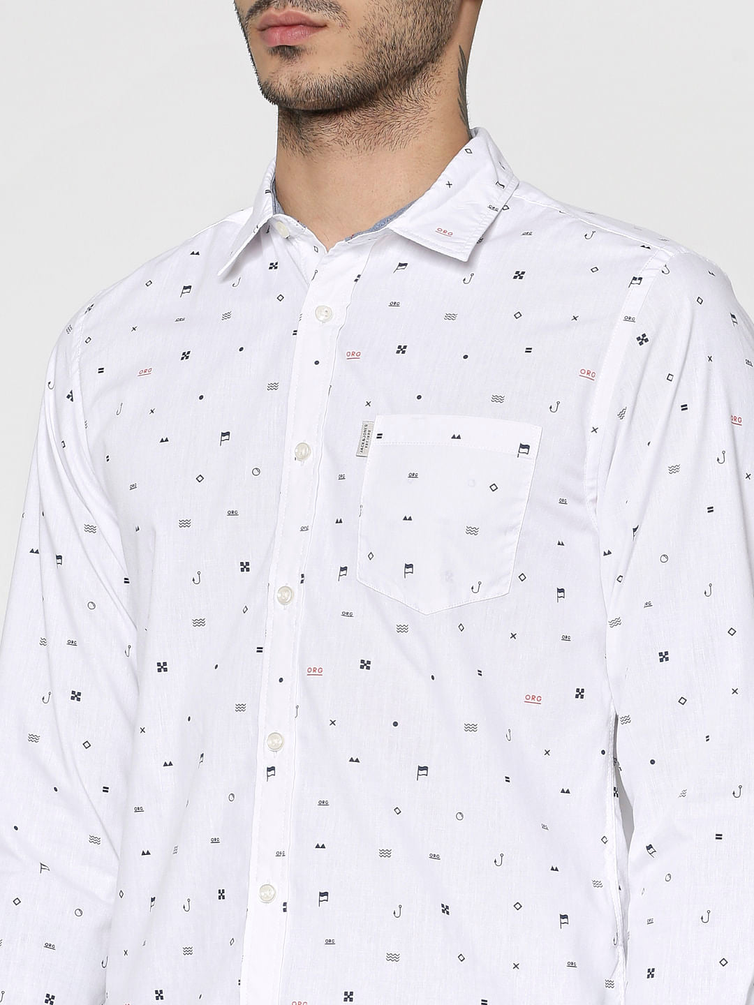 White All Over Printed Slim Fit Full Sleeves Shirt