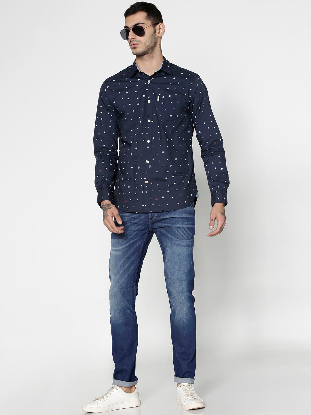 Blue All Over Printed Slim Fit Full Sleeves Shirt
