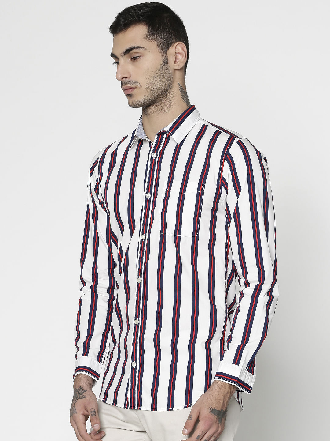 White Striped Slim Fit Full Sleeves Shirt