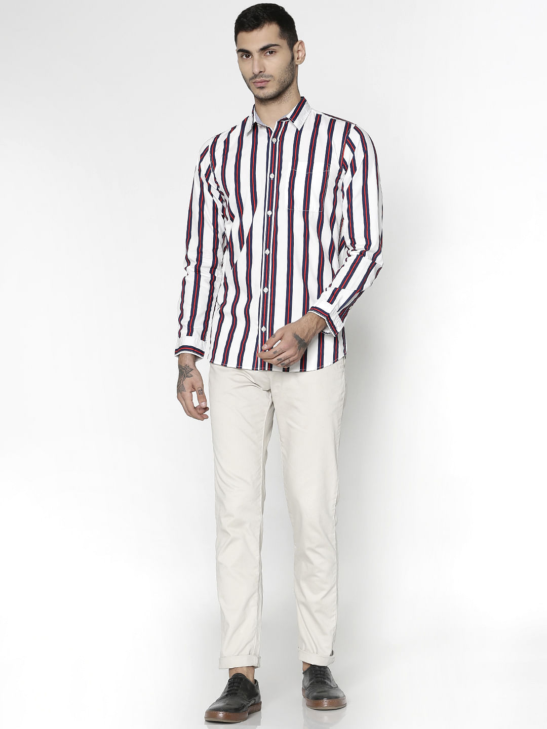White Striped Slim Fit Full Sleeves Shirt