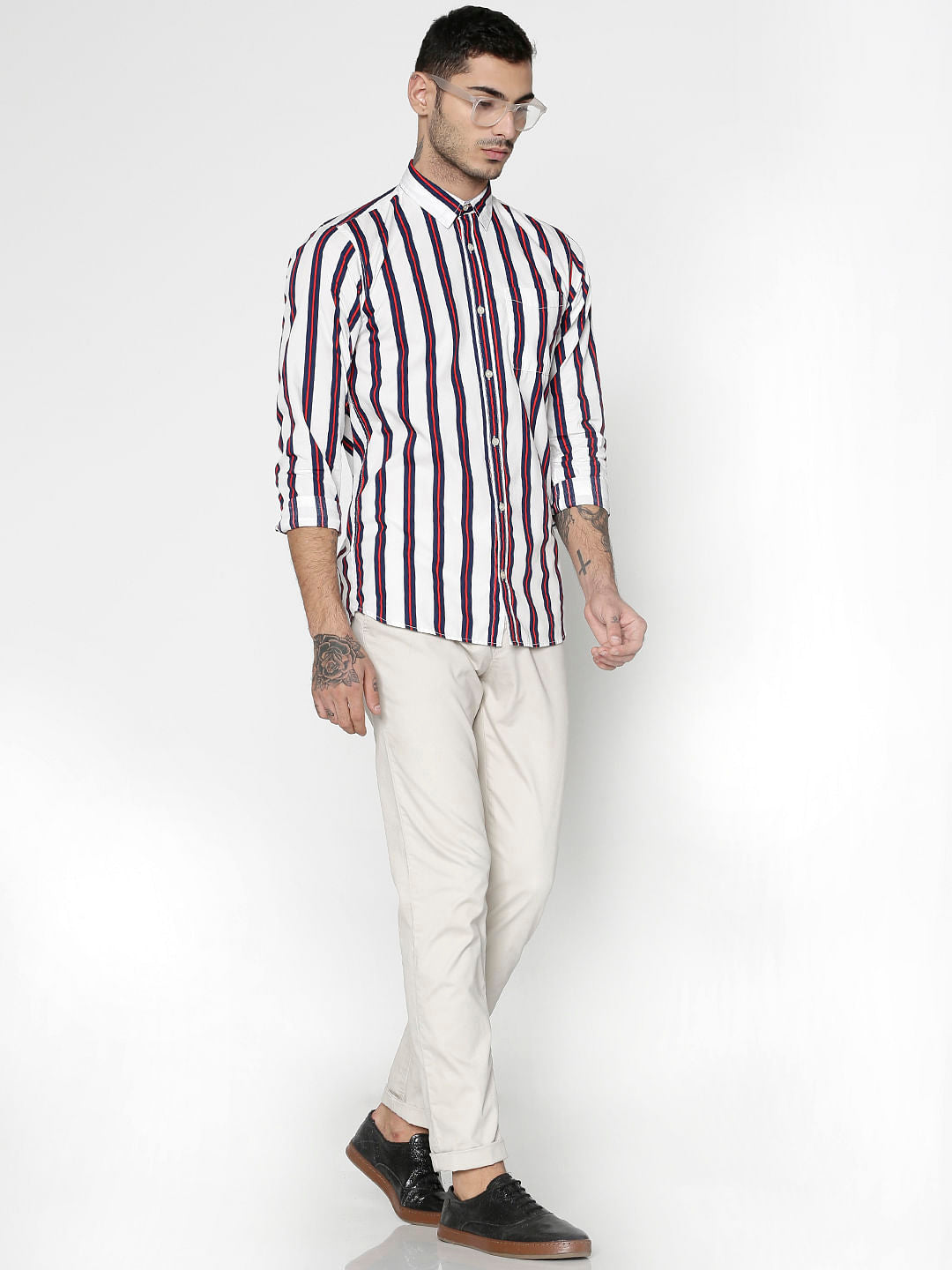 White Striped Slim Fit Full Sleeves Shirt