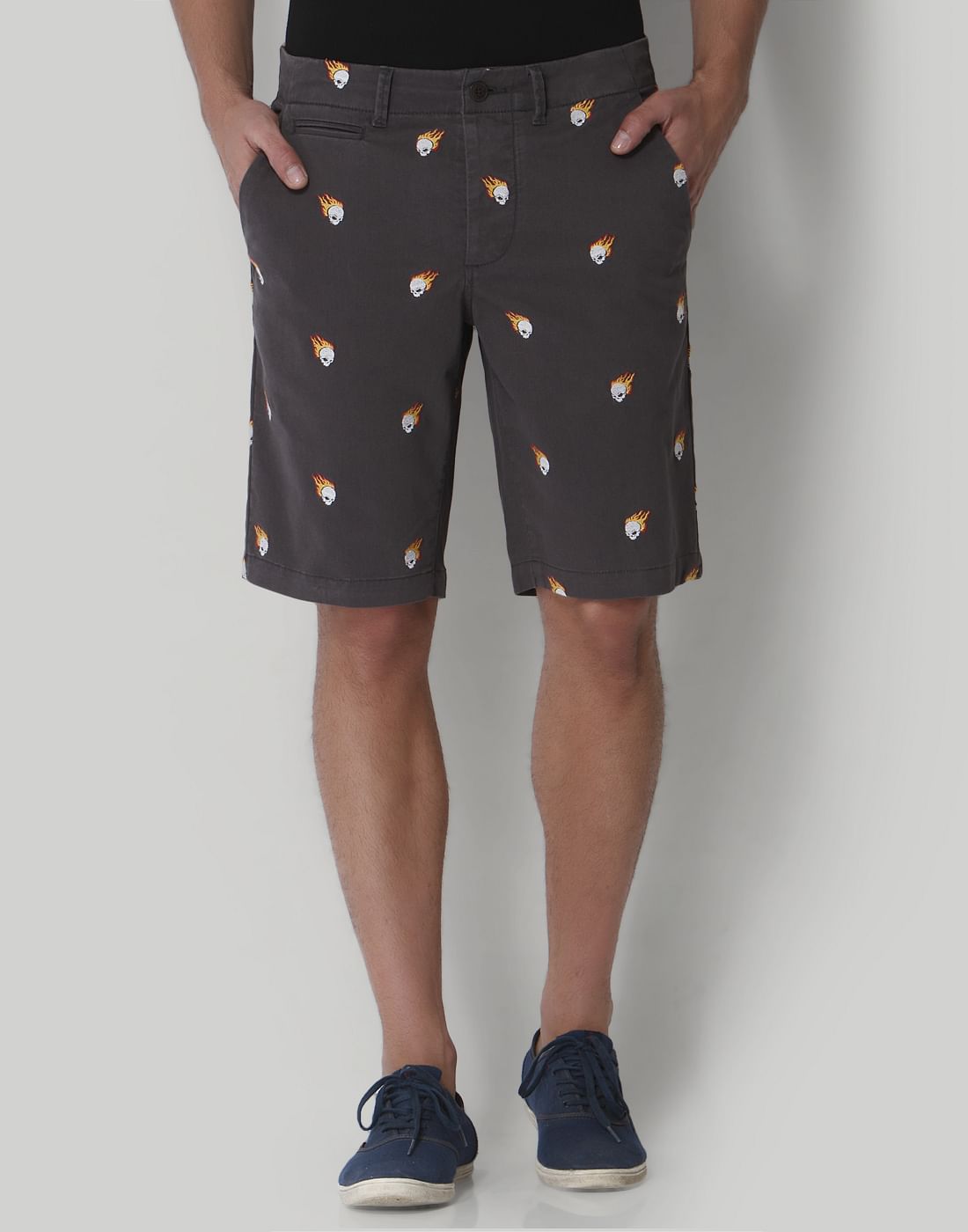 Grey Skull Print Regular Fit Shorts - S