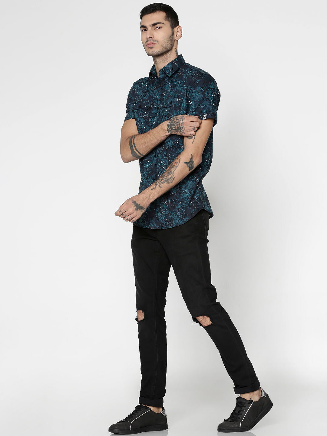 Blue All Over Leaf Print Slim Fit Short Sleeves Shirt