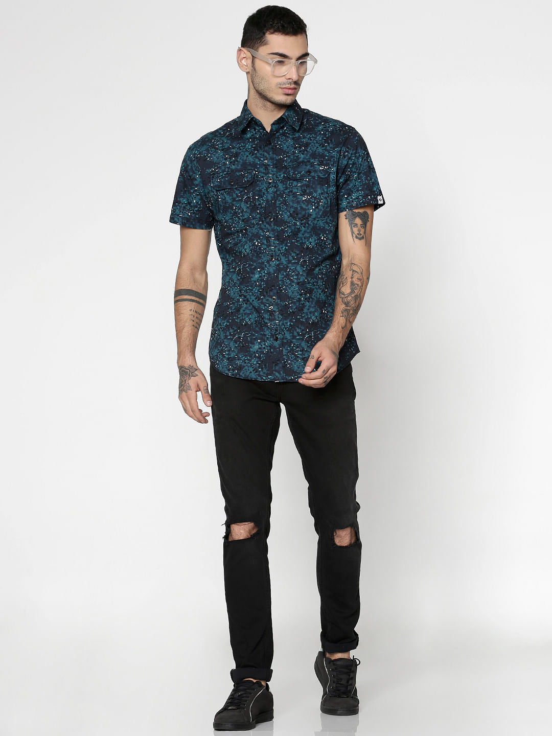 Blue All Over Leaf Print Slim Fit Short Sleeves Shirt