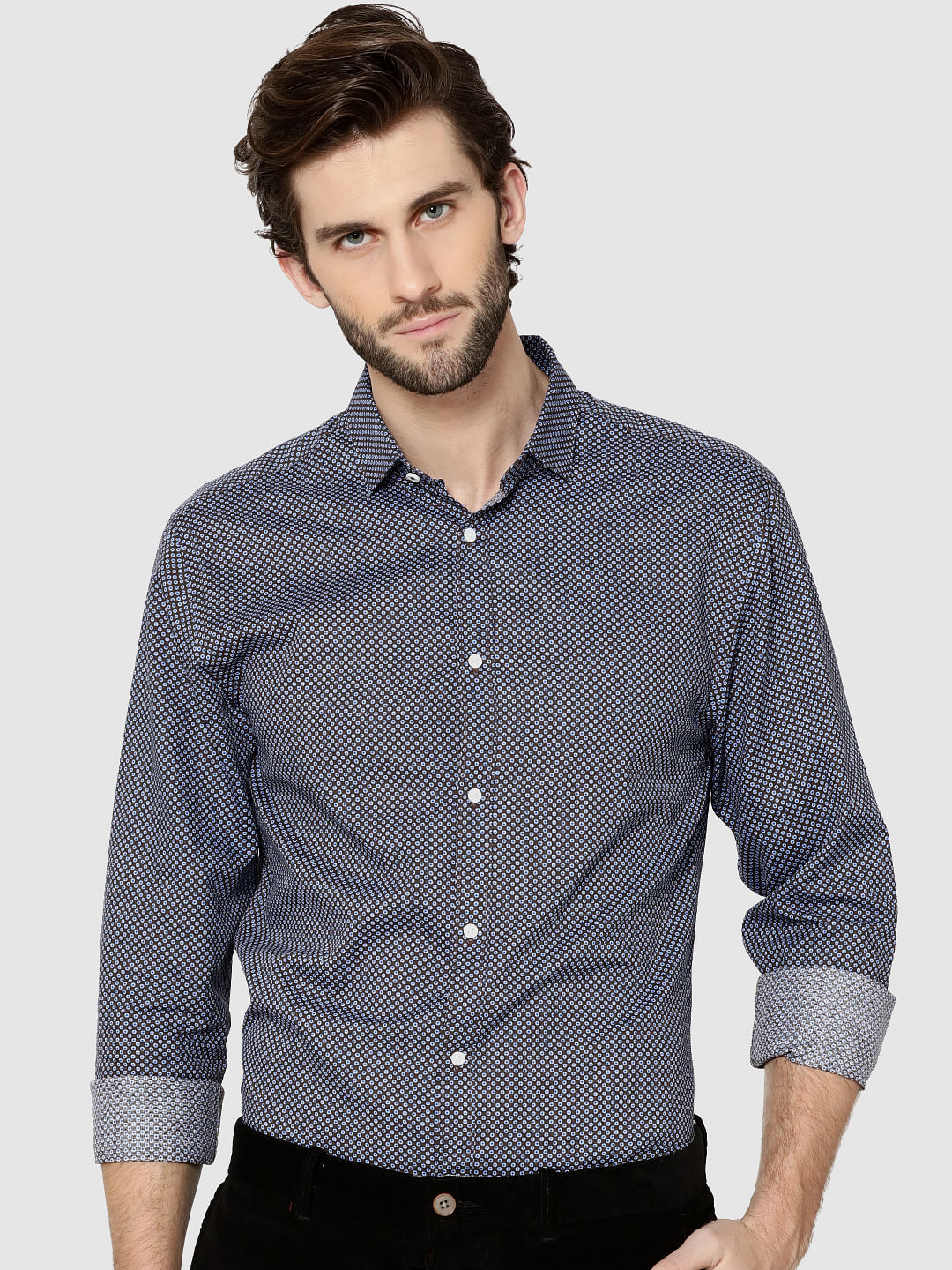 Brown All Over Print Full Sleeves Dobby Shirt - S